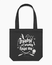 Buy Trouble Usually Finds Me Tote Bag - Black