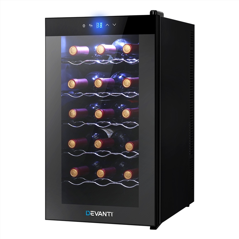 Devanti Wine Cooler 18 Bottles Glass Door Beverage Cooler Thermoelectric Fridge Black/Product Detail/Appliances