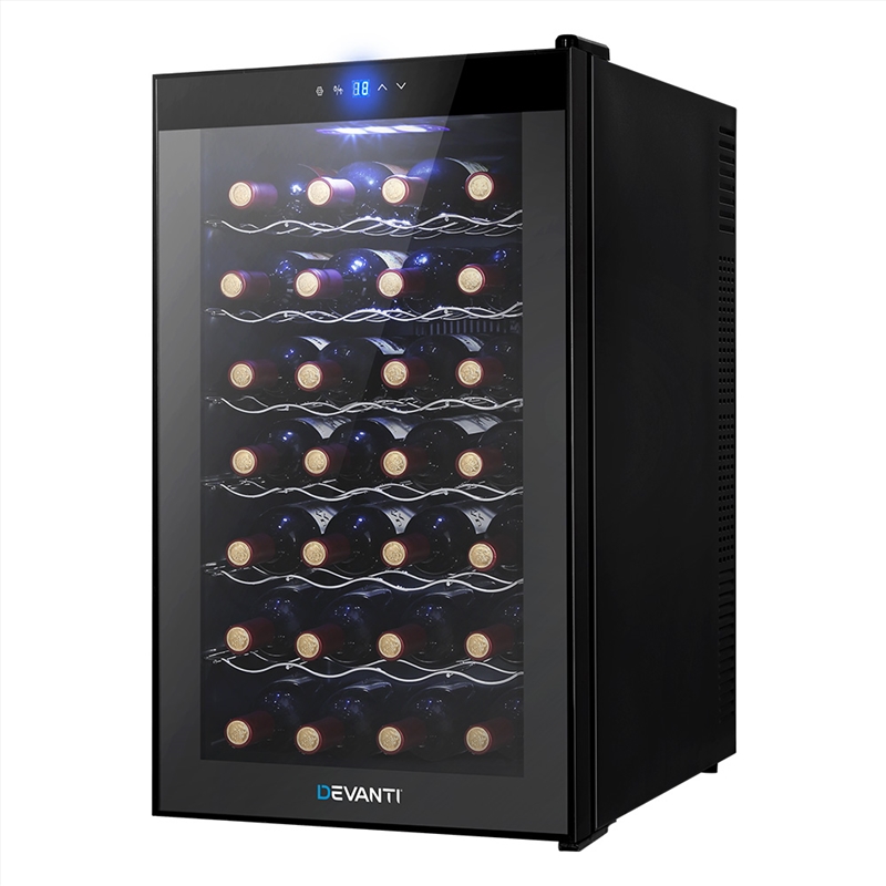 Devanti Wine Cooler 28 Bottles Glass Door Beverage Cooler Thermoelectric Fridge Black/Product Detail/Appliances