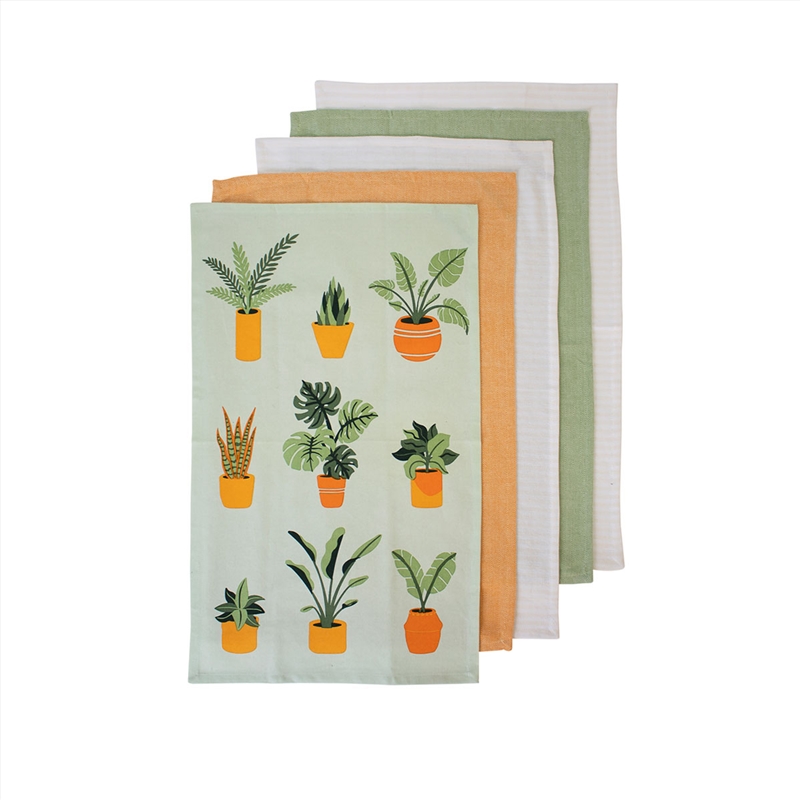 Ladelle Set of 5 Plant Life Cotton Kitchen Tea Towels 50 x 70 cm Green/Product Detail/Homewares