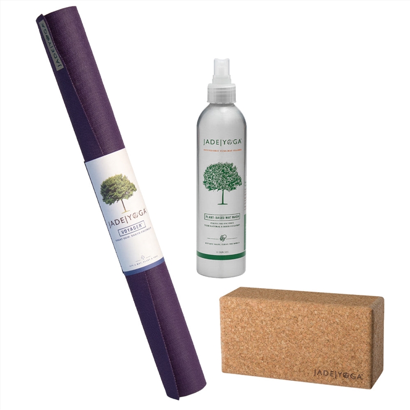 Jade Yoga Voyager Mat - Purple & Jade Yoga Cork Yoga Block - Small + Jade Yoga Plant Based Mat Wash/Product Detail/Gym Accessories