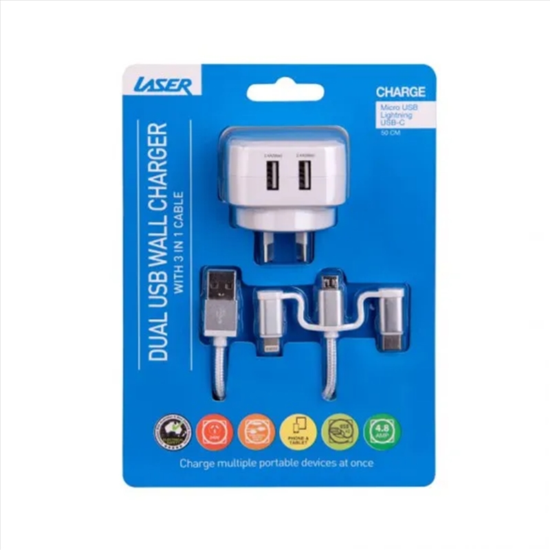 Dual USB AC Charger with 3 in 1 Charging Cable White/Product Detail/Cables