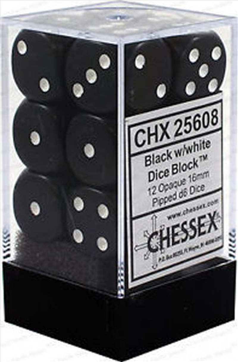 D6 Dice Opaque 16mm Black/White (12 Dice in Display)/Product Detail/Games Accessories