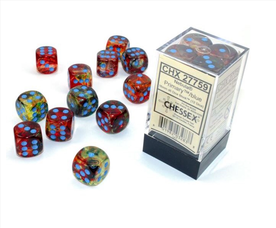 Chessex: CHX 27759 Nebula 16mm d6 Primary/Blue Luminary Block (12)/Product Detail/Dice Games