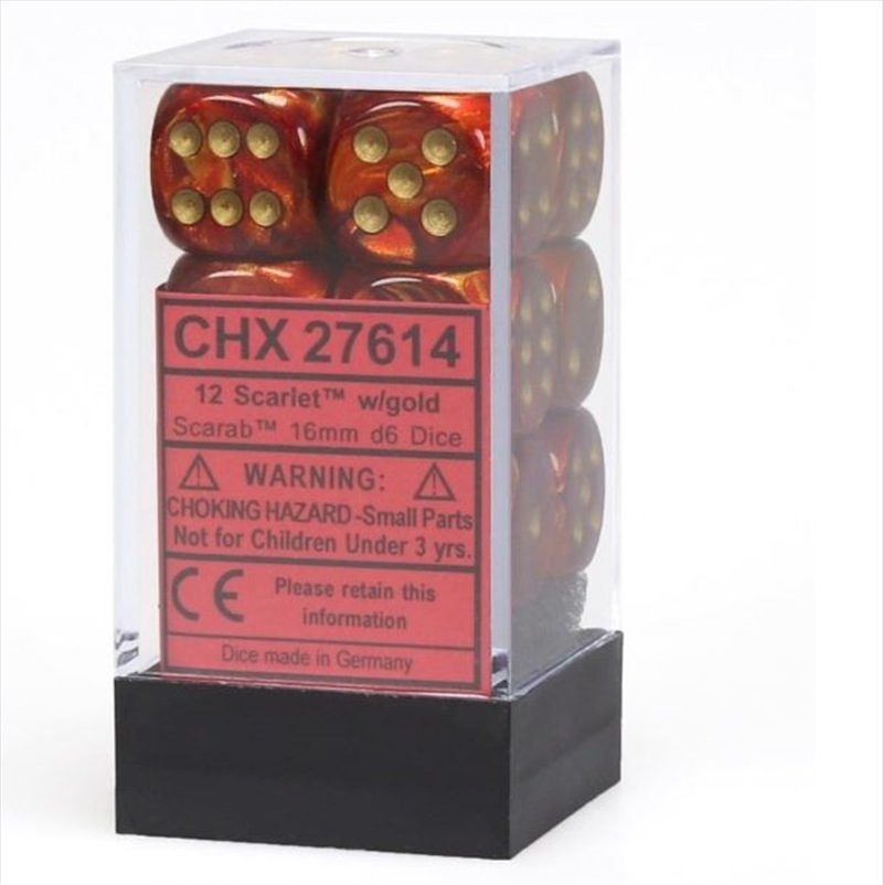 Chessex: CHX 27614 Scarab 16mm d6 Scarlet/Gold Block (12)/Product Detail/Dice Games